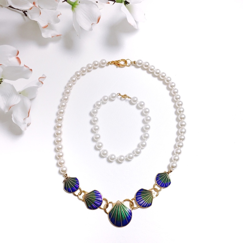 Vintage Cloisonné and Pearl Necklace Bracelet Set